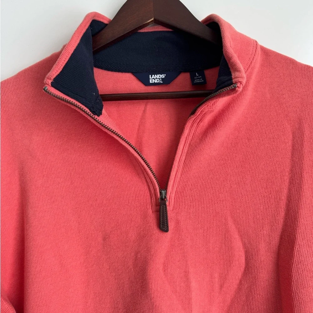 Lands' End Men's Ribbed Quarter Zip Men Large Pink blue preppy academia mockneck